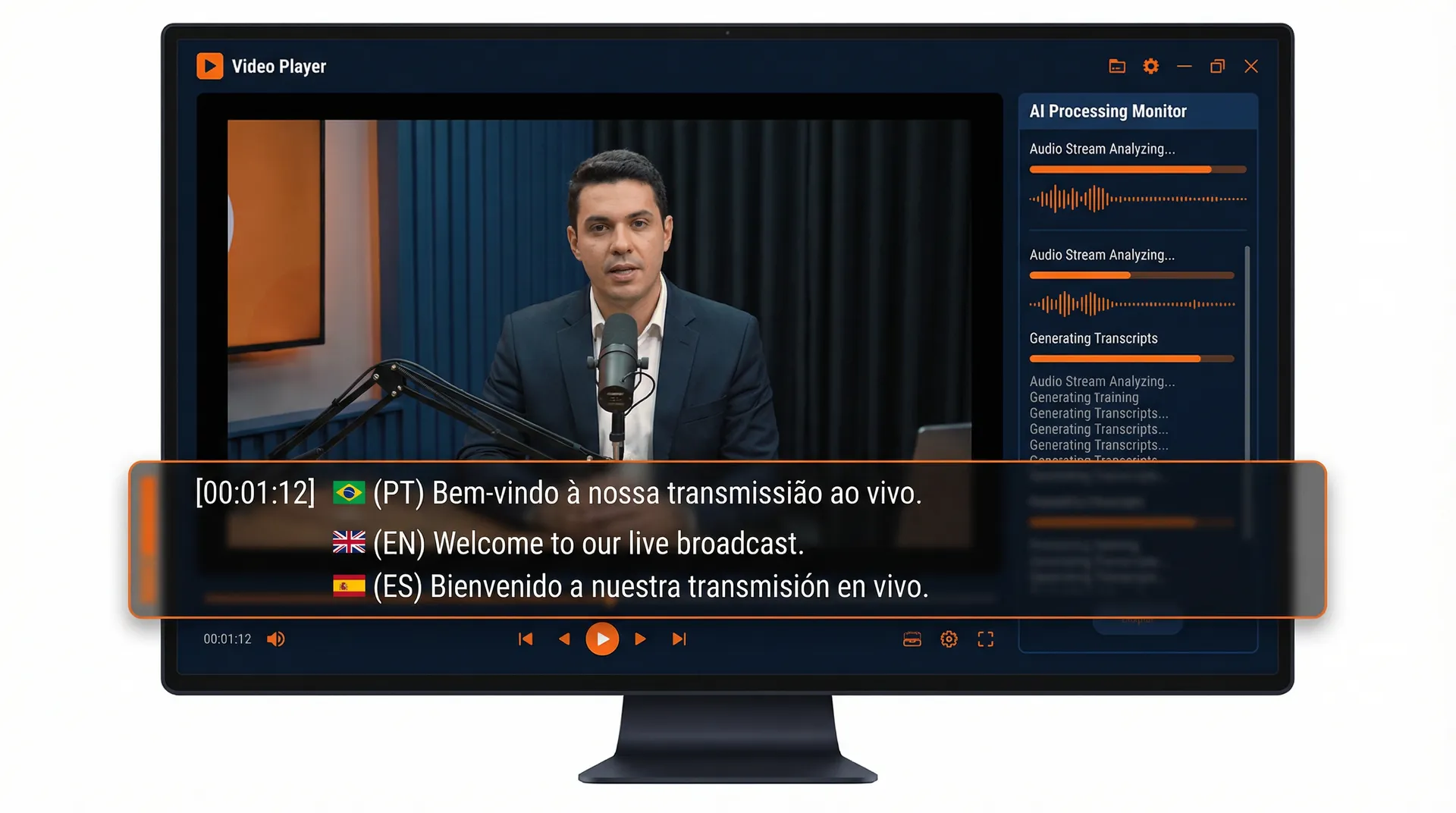Transcrição em tempo real com legendas automáticas multilíngues no vídeo ao vivo