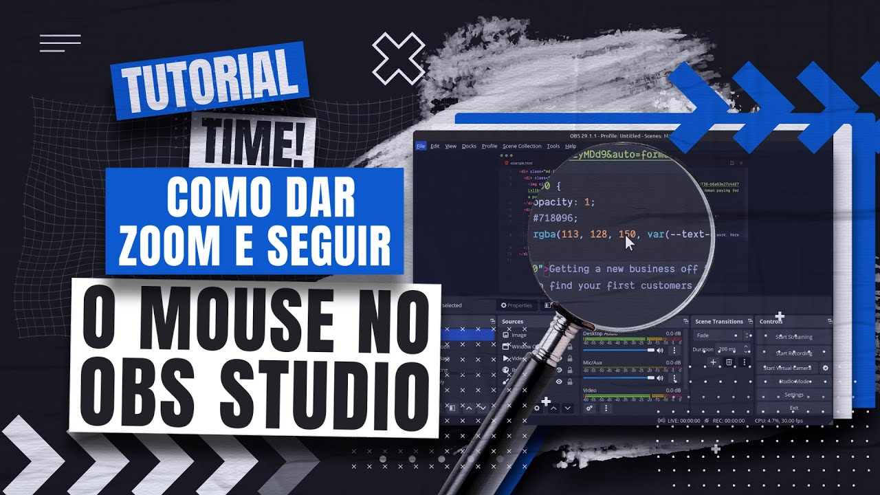 Tela do OBS Studio com zoom aplicado em uma regiao da tela seguindo o cursor do mouse, usando o script obs-zoom-to-mouse
