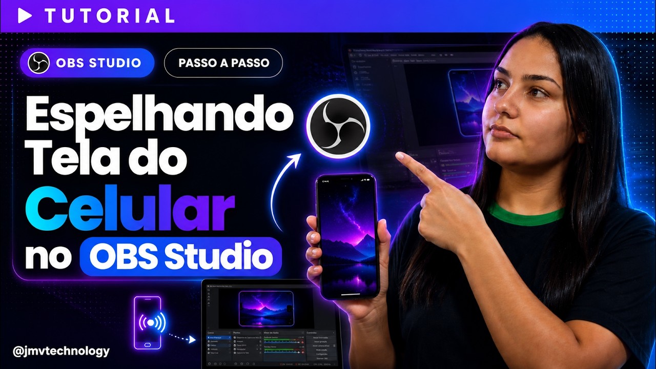 Tela de celular espelhada dentro de uma cena do OBS Studio com moldura de aparelho, usando o EasyCast