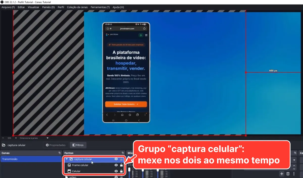 Lista de fontes do OBS com o grupo captura celular reunindo Frame celular e Celular
