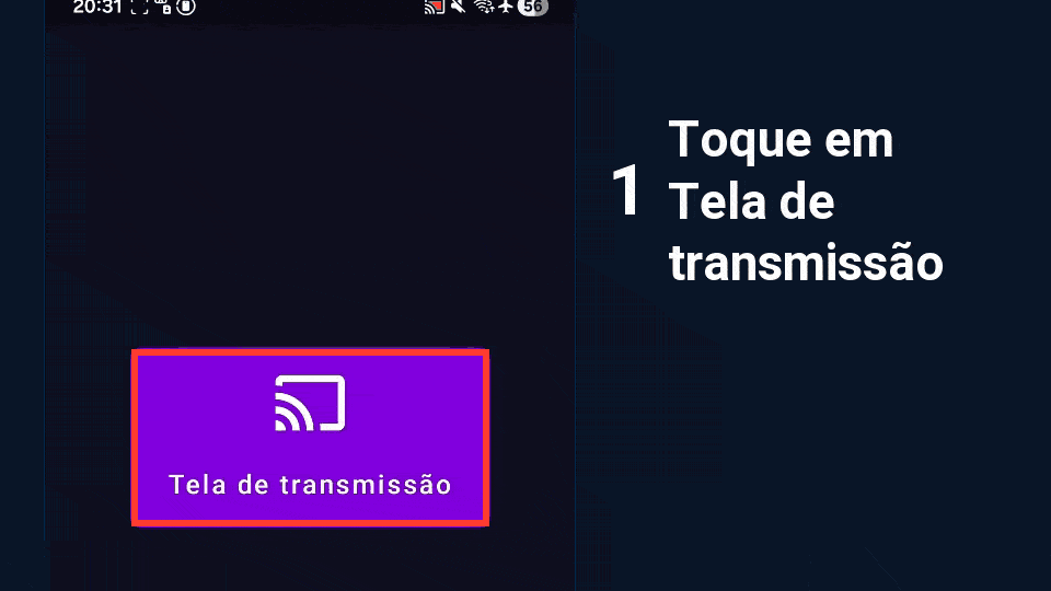 Animação no app EasyCast: toque em Tela de transmissão e, em seguida, o computador aparece na lista de dispositivos
