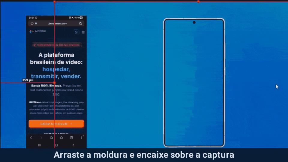 Animação no OBS: a moldura de celular é arrastada e encaixada sobre a captura da tela