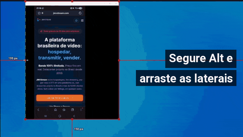 Animação do OBS: segurando Alt, as bordas pretas laterais da captura são arrastadas até sobrar só a tela do celular