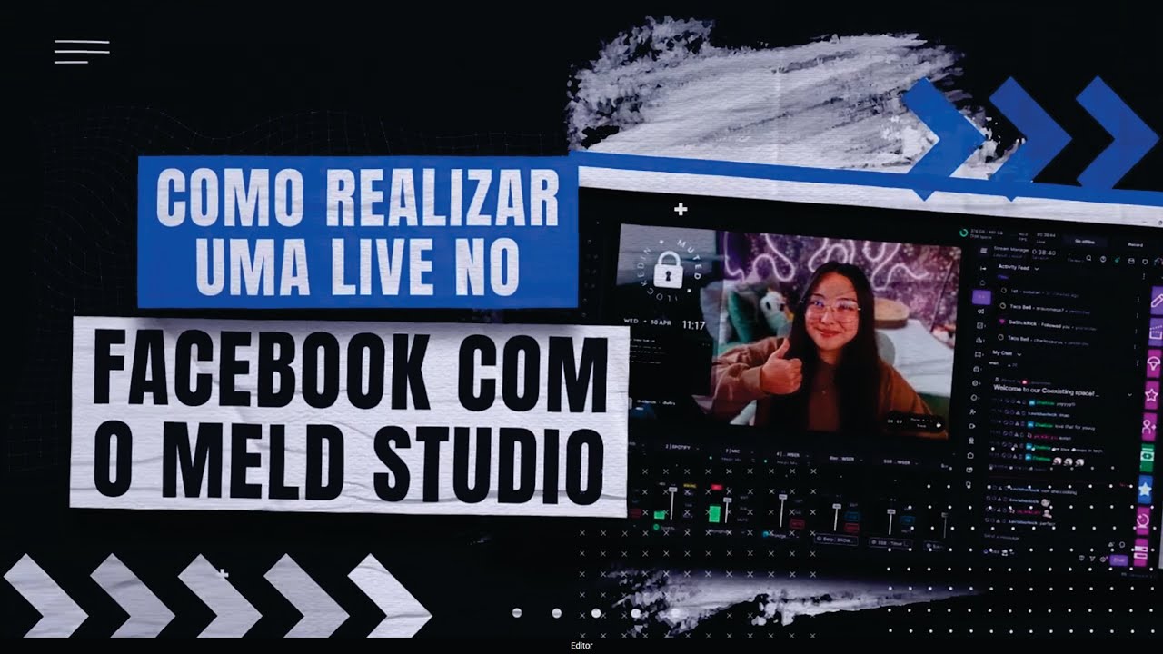 Meld Studio configurado para transmitir uma live ao vivo para o Facebook, com URL e chave de stream inseridas na opção Custom.