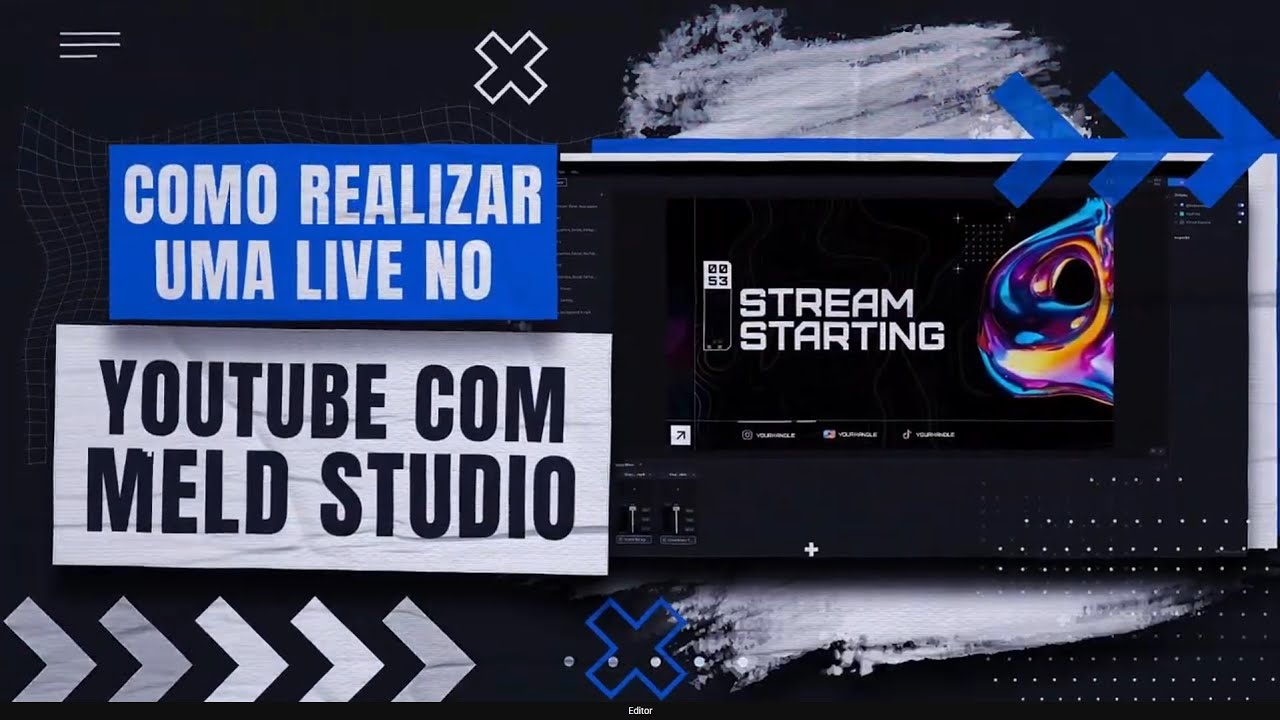 Meld Studio configurado para transmitir uma live ao vivo para o YouTube, usando o serviço YouTube pré-configurado com a chave de transmissão inserida.