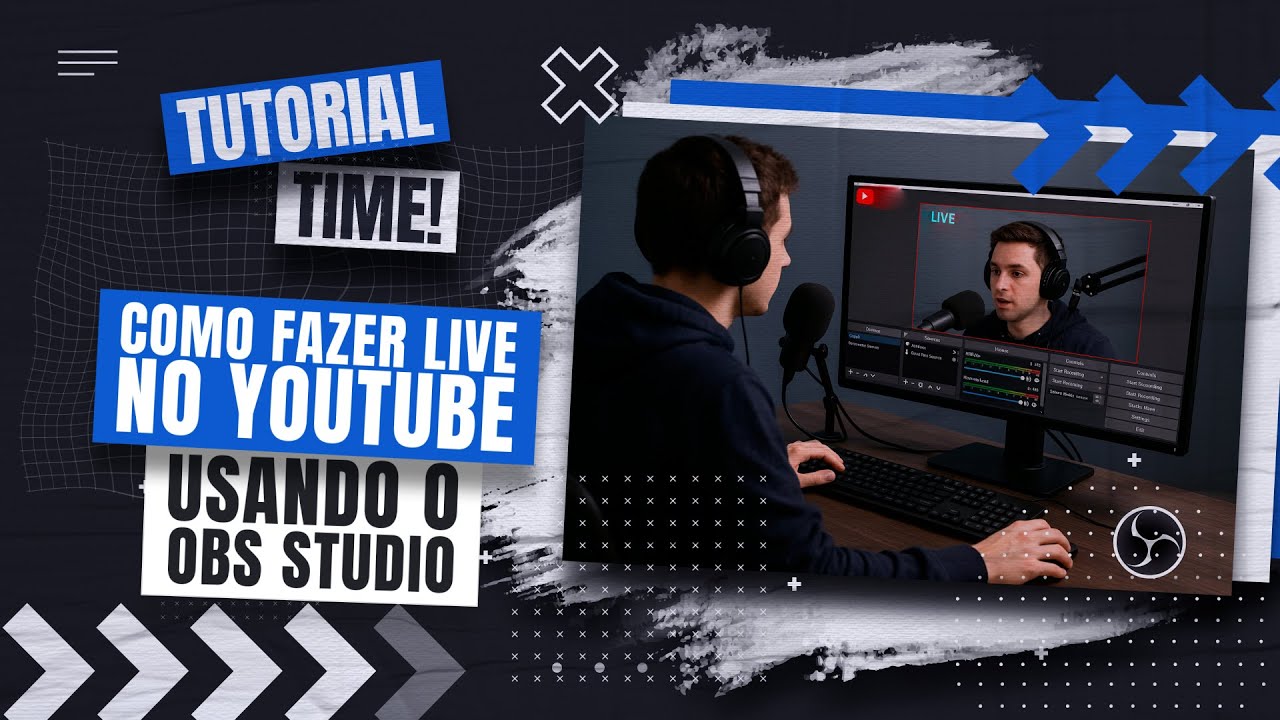OBS Studio conectado ao YouTube em Configurações, Stream, com a URL de stream e a chave de transmissão inseridas para colocar a live no ar.