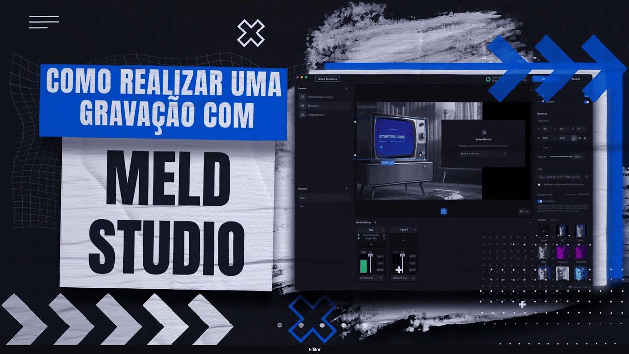 Tela do Meld Studio nas preferencias de gravacao, com as opcoes de canvas, formato de arquivo MKV, hardware encoder e bitrate de video para gravar conteudo localmente.