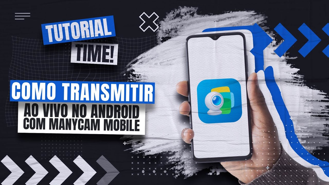 Celular Android exibindo o app ManyCam Mobile com a cena de uma transmissao ao vivo, os controles de fontes de video e o botao azul de iniciar transmissao.
