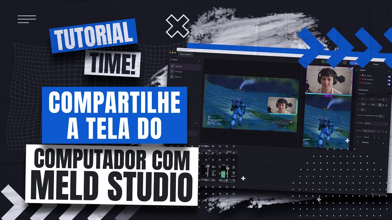 Meld Studio com a opcao Display Capture selecionada em Layers, exibindo a captura da tela do computador na pre-visualizacao com a camera em um dos cantos.