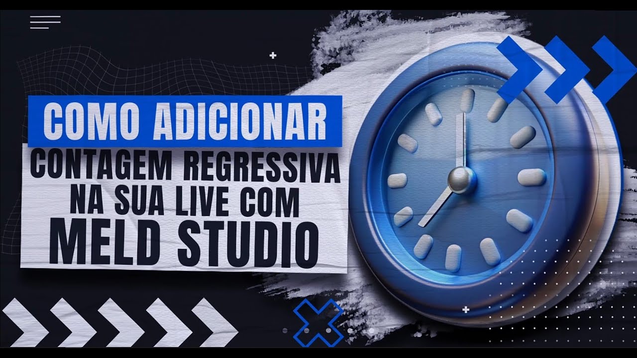 Widget de contagem regressiva (Countdown) do Meld Studio exibindo um cronometro decrescente como overlay sobre uma transmissao ao vivo, com o painel de personalizacao aberto.