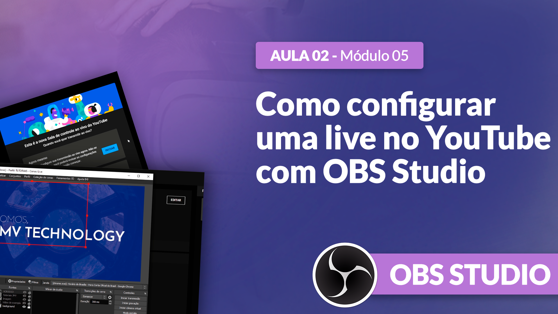 Capa com texto indicando uma aula gratuita acerca de como fazer lives no youtube usando o obs studio