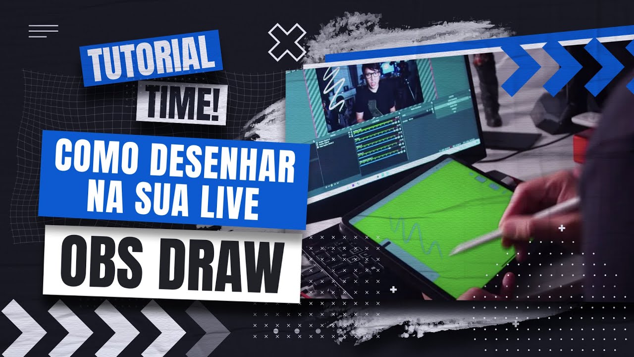 Painel do plugin Draw aberto sobre a imagem de uma transmissao no OBS Studio, com ferramentas de lapis, pincel, cor e apagador para desenhar na tela ao vivo.