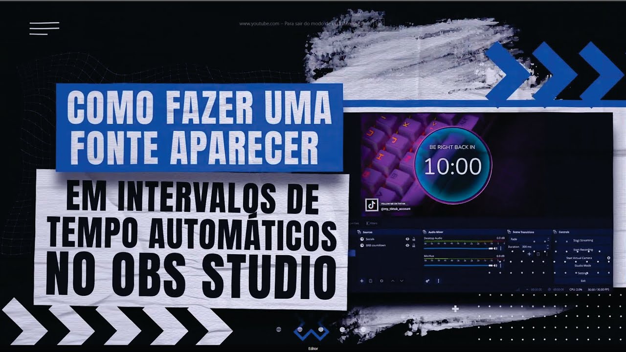 Janela de Scripts do OBS Studio com o script Visibility Timer configurado em Mode Repeat, com os campos Source, Duration e Hold time para uma fonte aparecer e desaparecer automaticamente.