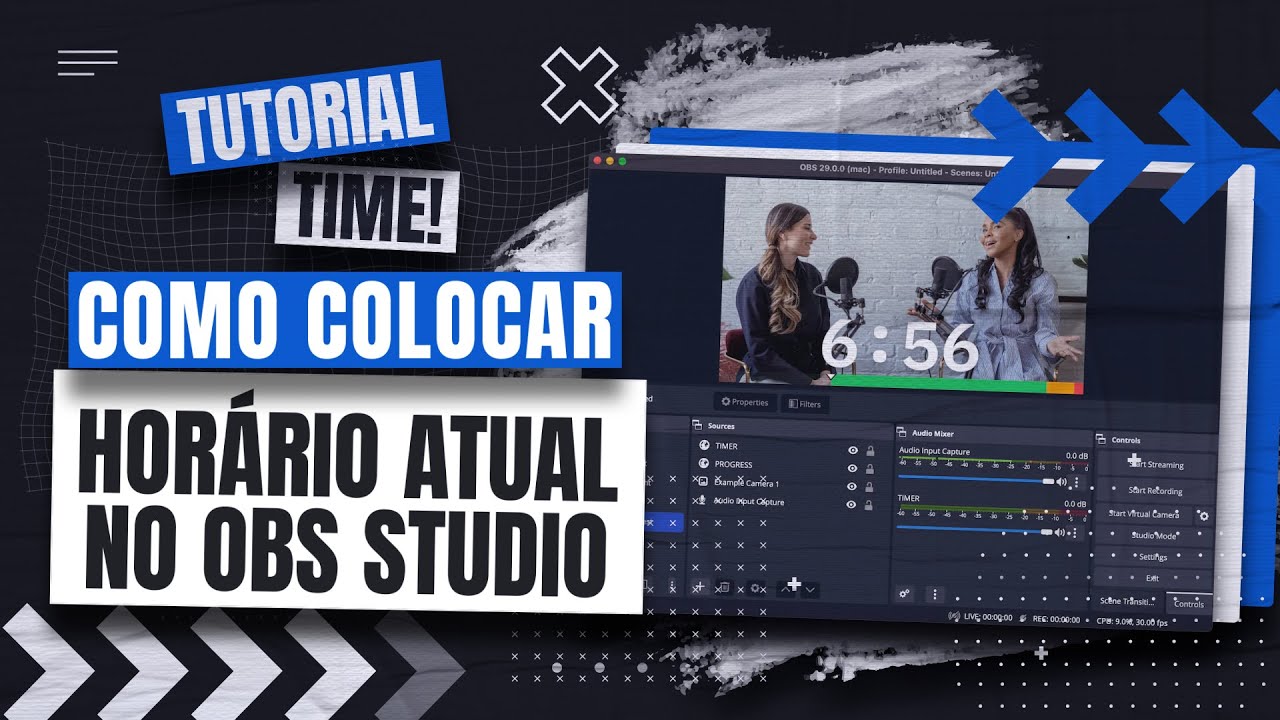 Relógio com horário atual exibido na tela de uma transmissão ao vivo no OBS Studio.