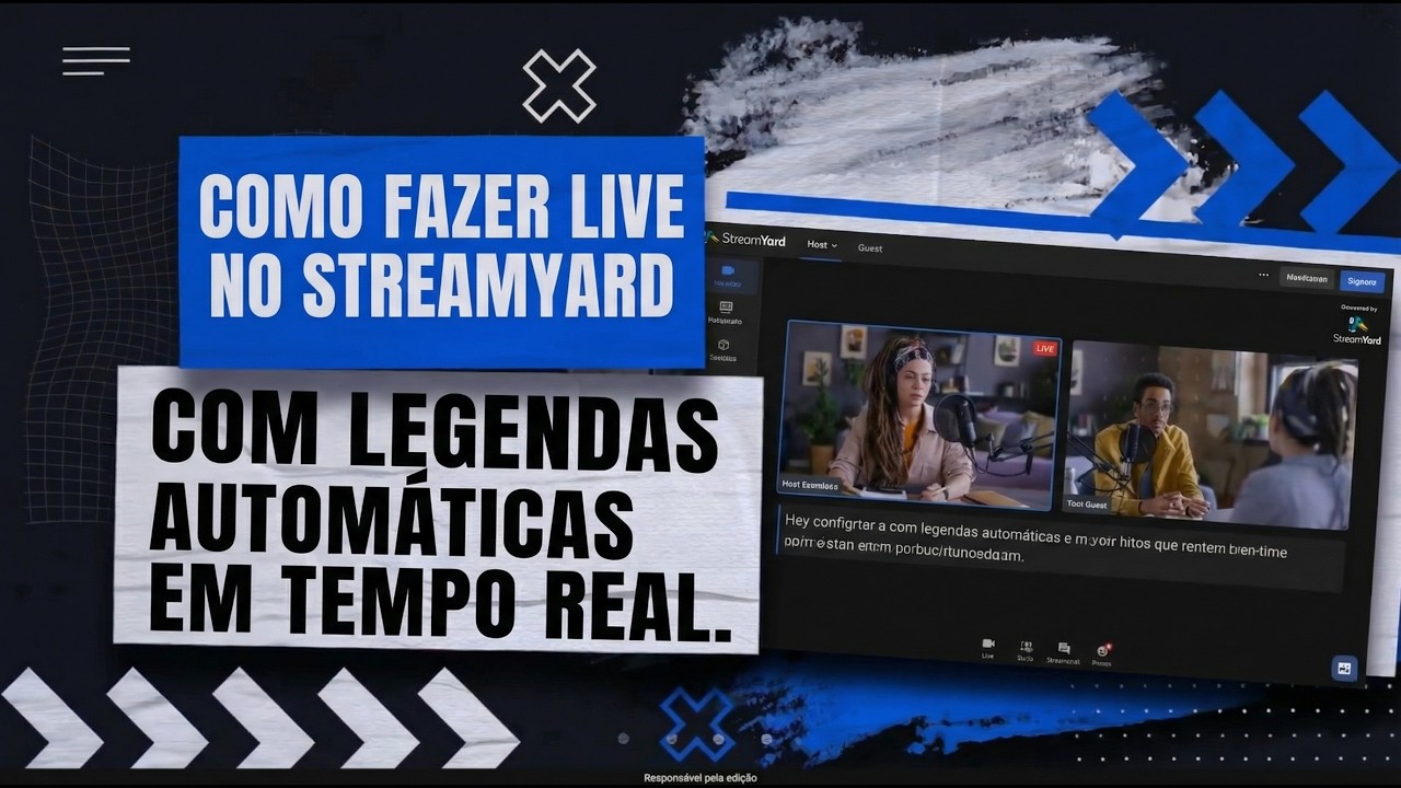 Estudio do StreamYard com legenda automatica em tempo real exibida na transmissao ao vivo