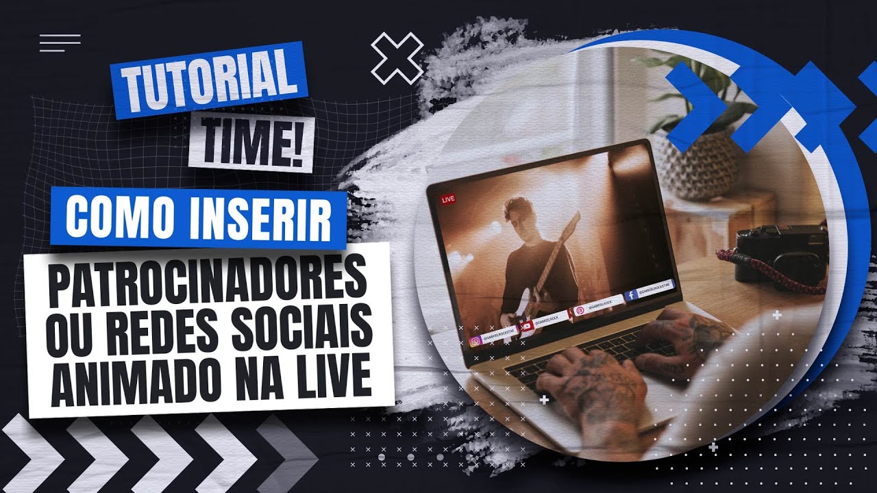 Tela de transmissão ao vivo montada no OBS Studio com logos de redes sociais no canto e uma arte de patrocinador em rodízio na parte inferior.