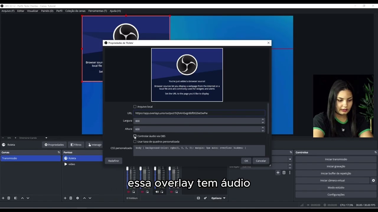 Roleta de prêmios animada do Uno Overlays exibida sobre a cena de uma transmissão no OBS Studio, com o painel de controle do sorteio encaixado na interface do programa.