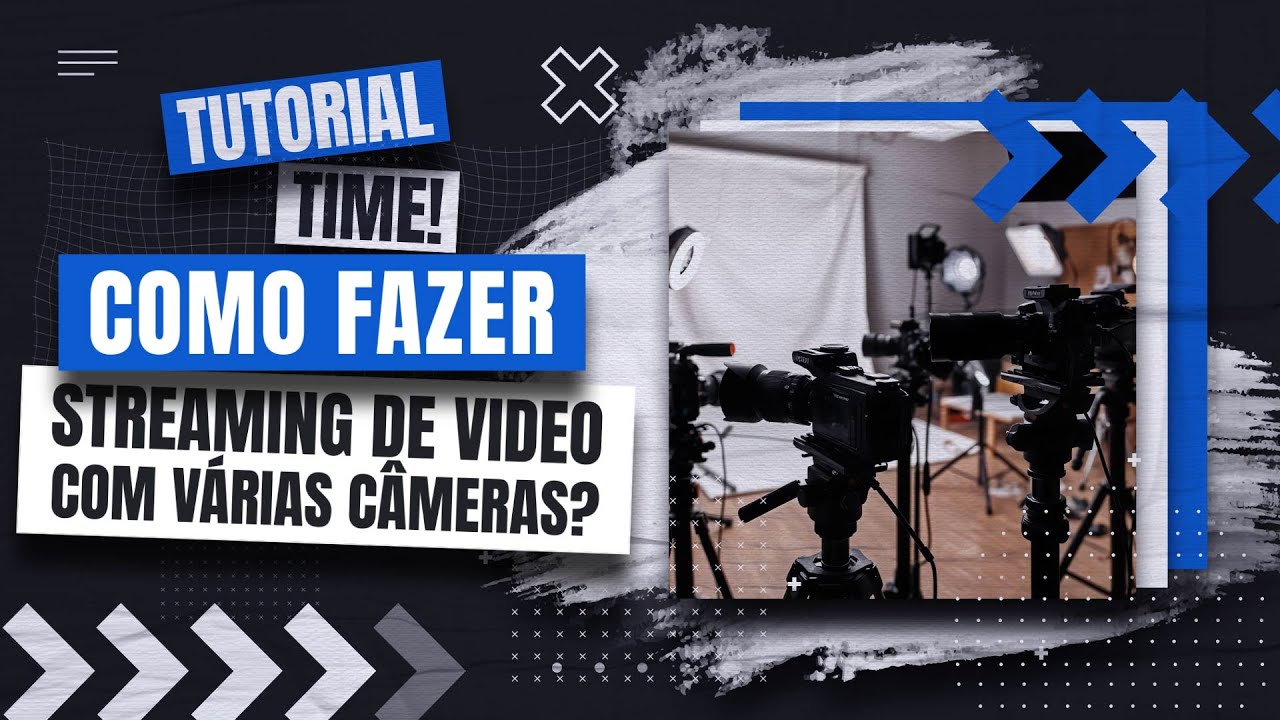 Capa do tutorial de streaming com várias câmeras, mostrando o estúdio do podcast com duas câmeras apontadas para a bancada e a mesa de corte usada para alternar entre elas.