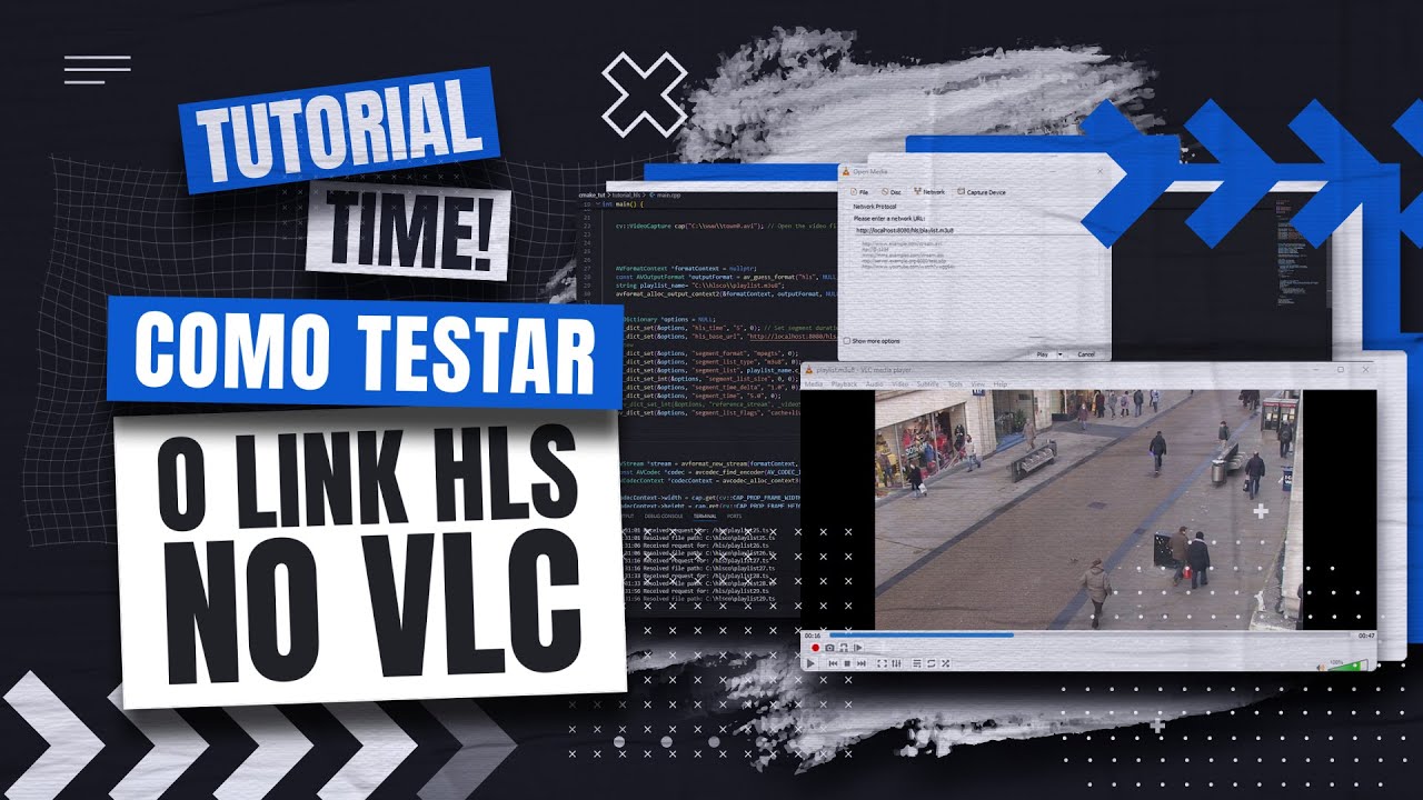 Capa do tutorial Como testar o link HLS no VLC, com a janela Abrir Midia do VLC recebendo uma URL de rede e o player reproduzindo o video.