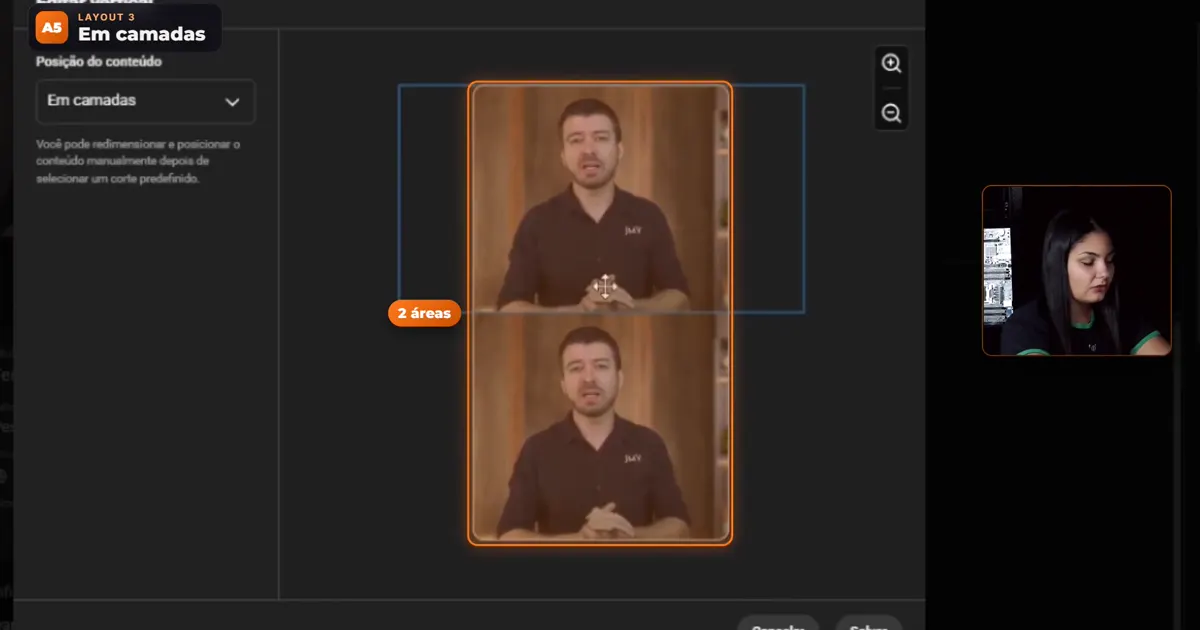 Transmissão dupla no YouTube Studio: horizontal e vertical, como ativar e editar o layout vertical Tela Editar layout do YouTube Studio no modo Em camadas, com duas áreas empilhadas na versão vertical da live, no vídeo da JMV Technology sobre a transmissão dupla