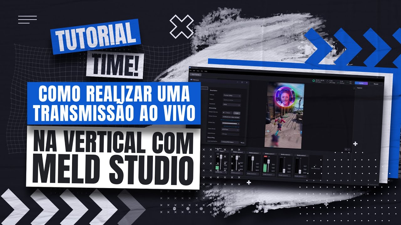 Tela do Meld Studio configurada em Canvas Portrait para uma transmissao ao vivo no formato vertical 9:16, com a saida custom RTMP pronta para iniciar.