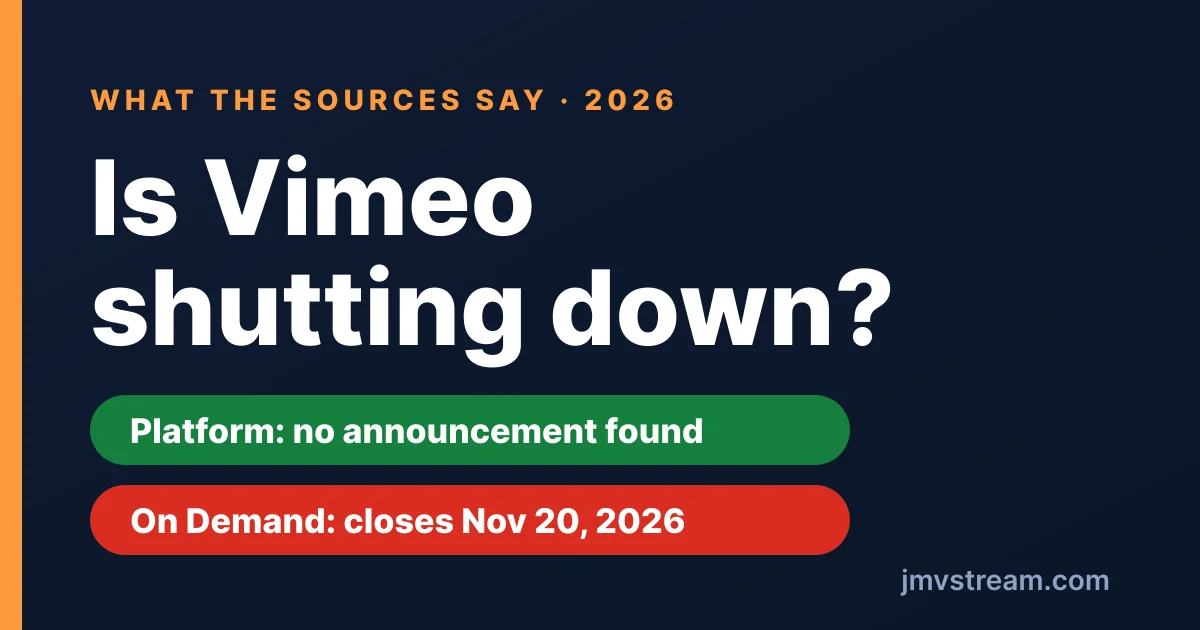 Is Vimeo shutting down? The platform and Vimeo On Demand, side by side: no announcement found for the platform, On Demand closes on Nov 20, 2026