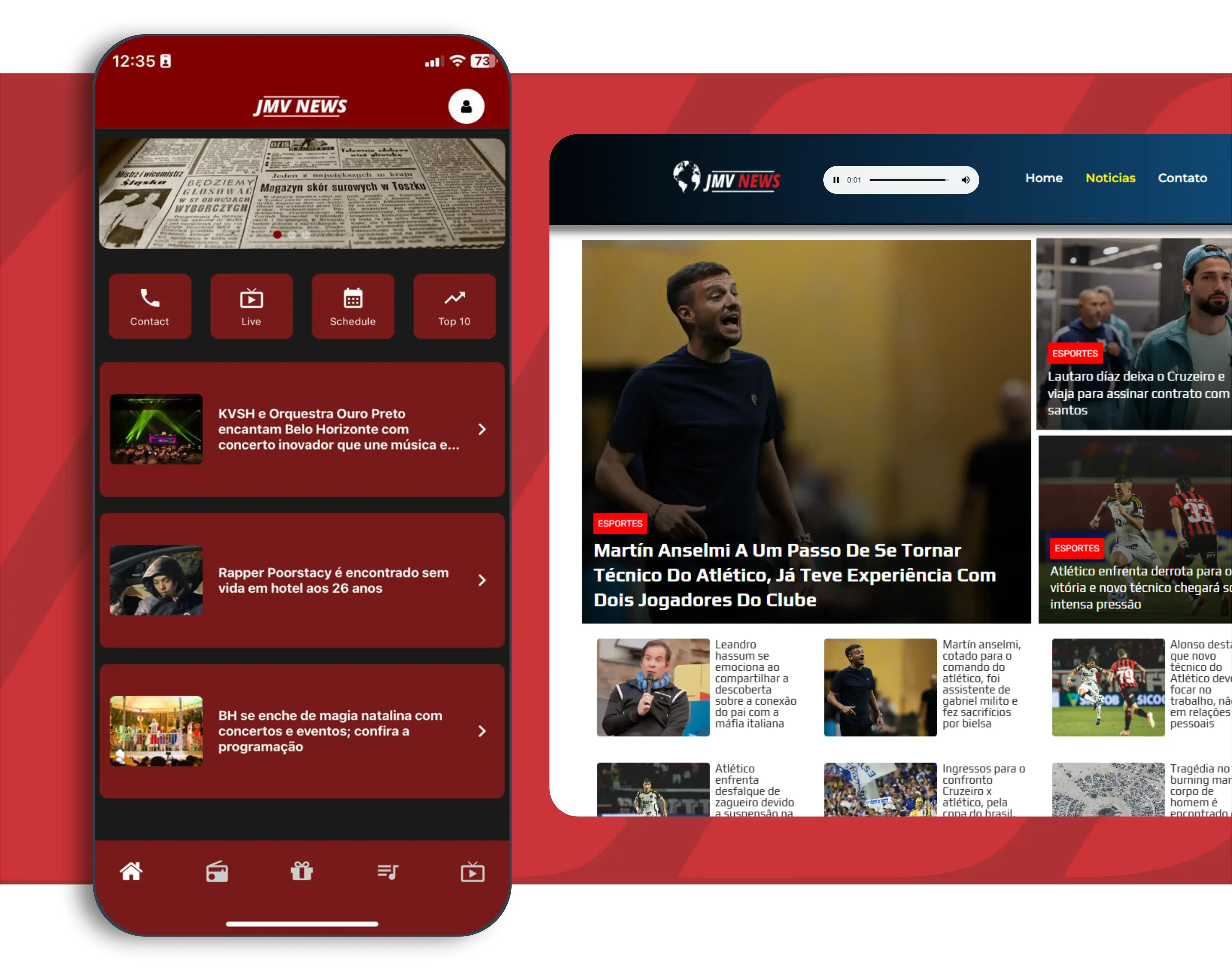 Mockup showing Cross Media app and JMV News website with complete integration between radio, TV, streaming and news portal