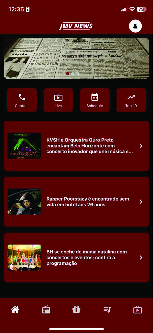 Home screen of the Cross Media JMV News app showing home with streaming, news and programming