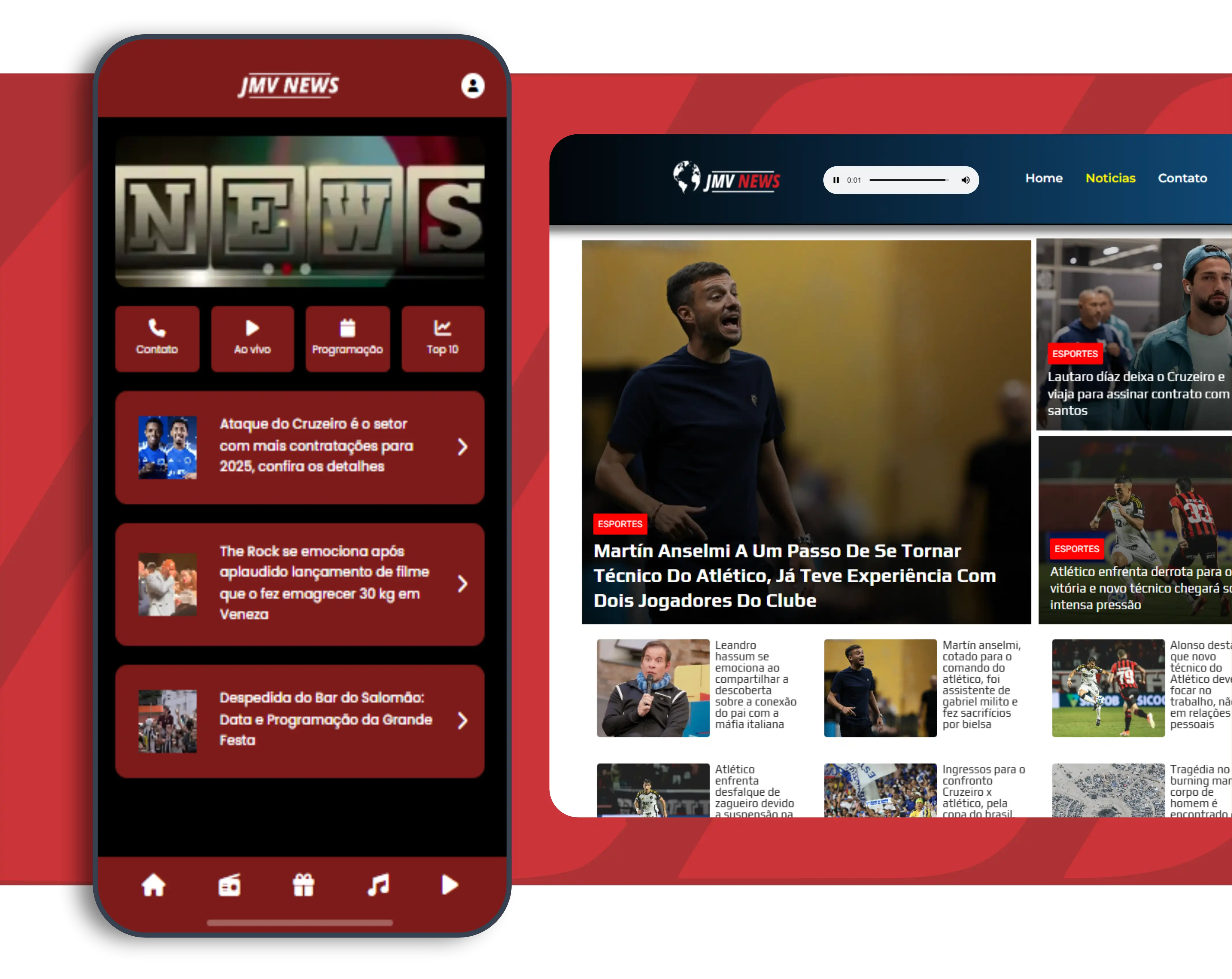 Mockup mostrando aplicativo e site JMV News com integração completa entre rádio, TV, streaming e portal de notícias
