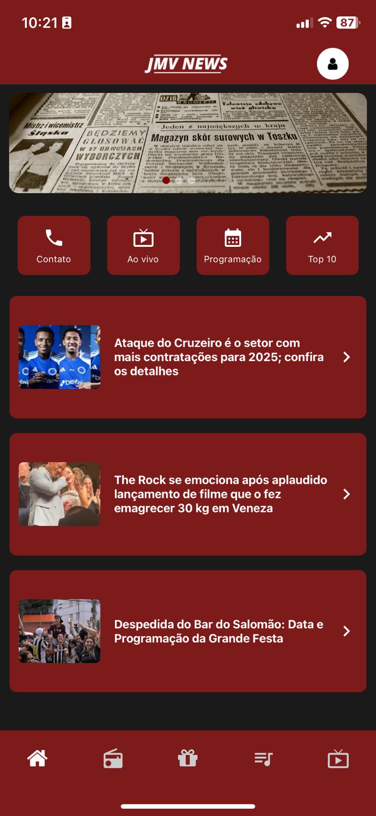 Tela inicial do aplicativo JMV News mostrando home com streaming, notícias e programação